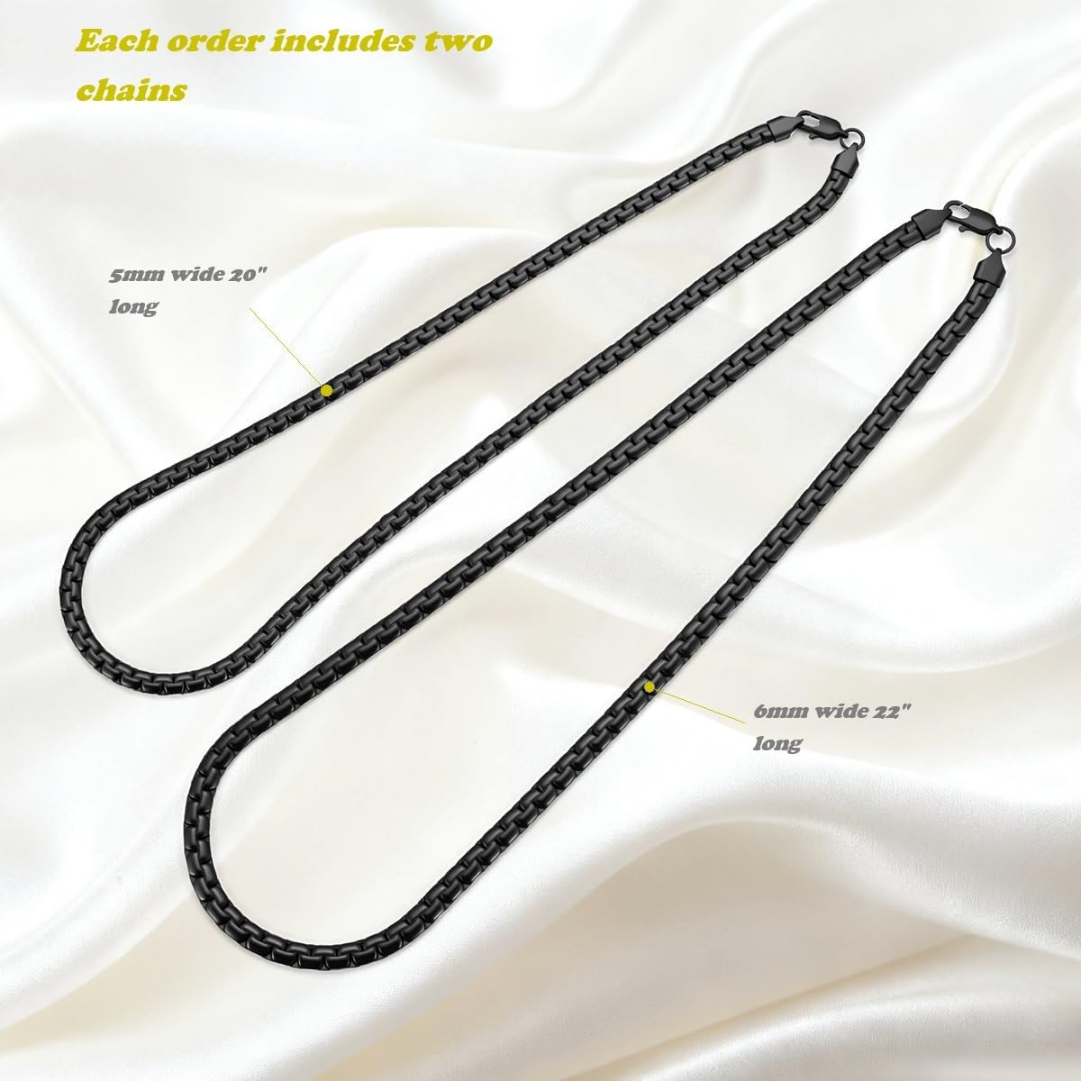 2Pcs Black Flat Link Box Chain Necklace for Men, Stainless Steel Layered Chains for Men and Women, Hypoallergenic Stackable Mens Necklaces, 3mm/4mm/5mm/6mm Width - Image 2