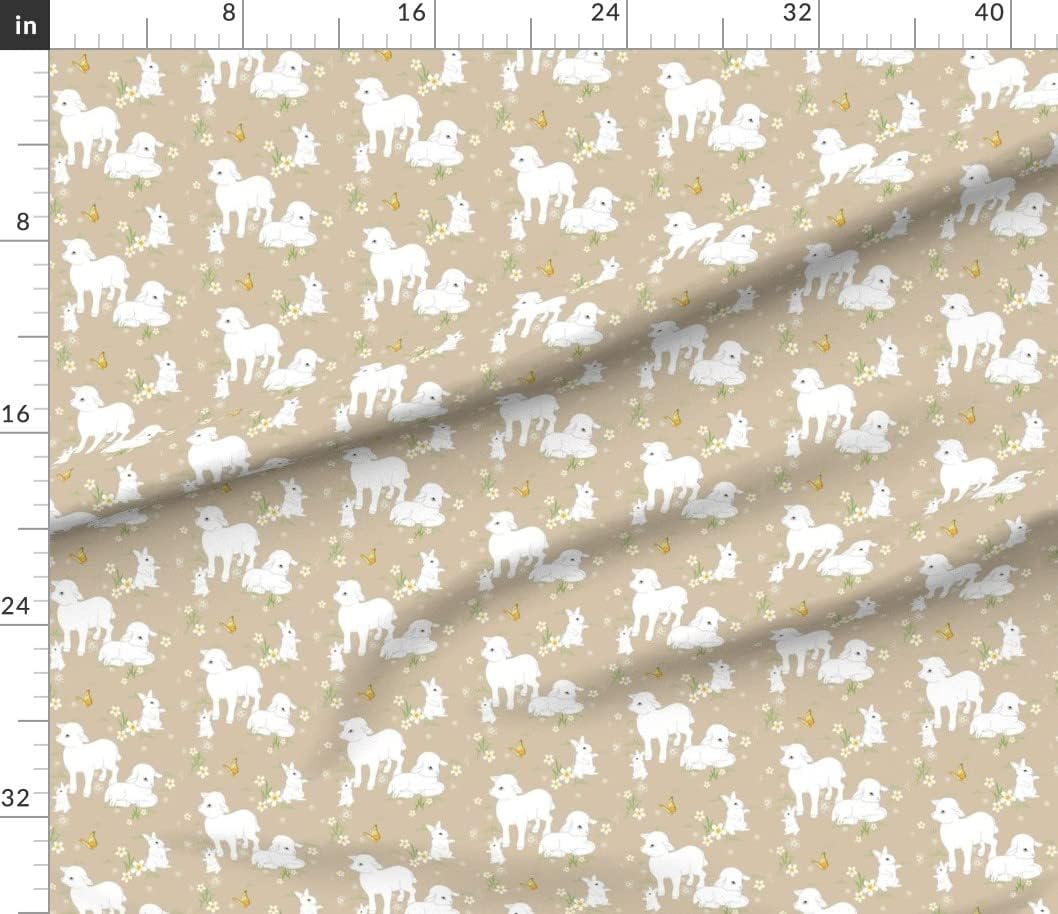 Spoonflower Fabric - Spring Brown Rabbit Bunny Easter Lamb Sheep Printed on Cotton Poplin Fabric by The Yard - Sewing Shirting Quilting Dresses Apparel Crafts