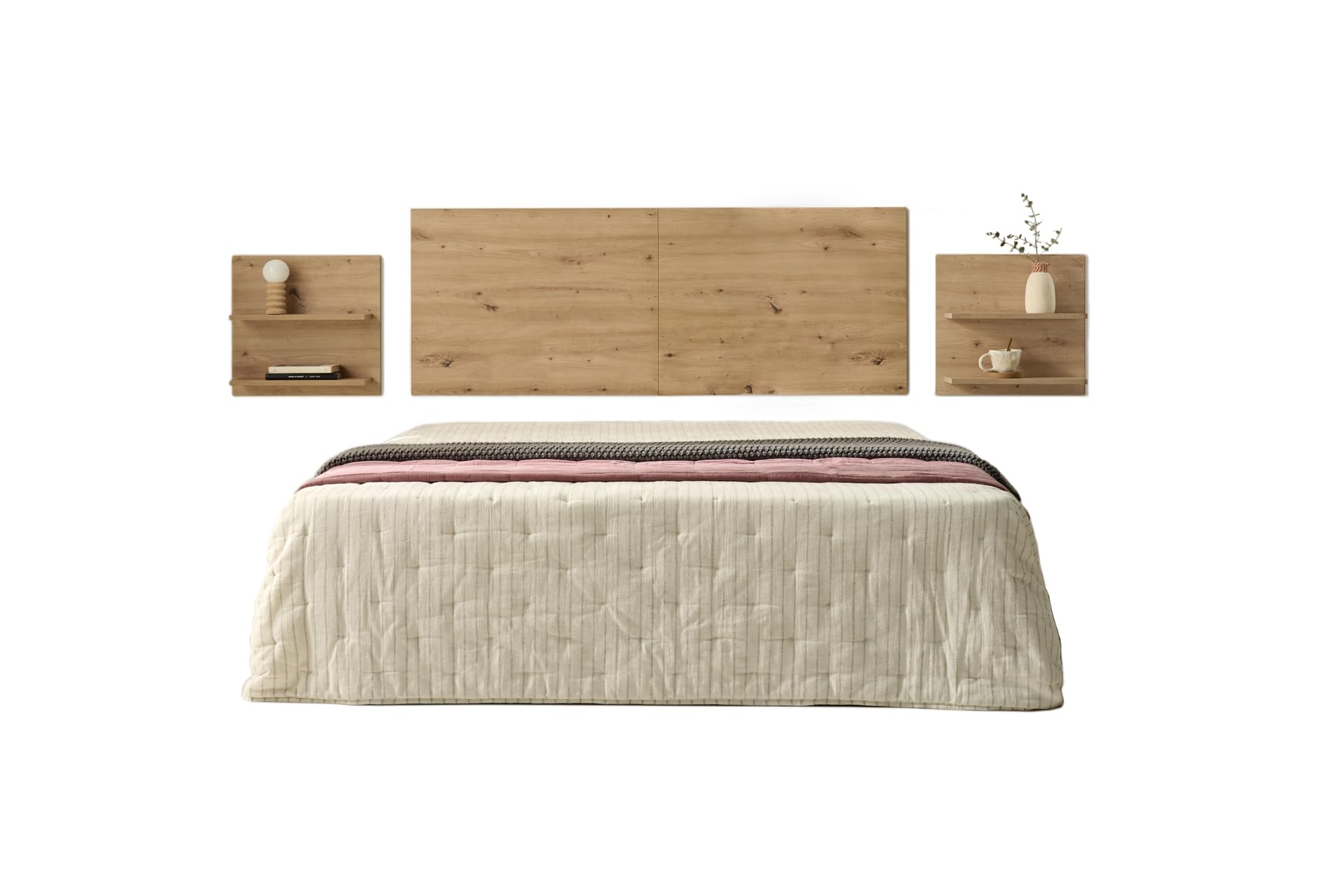 HOGAR24 ES Cabecero + 2 mesitas Colgantes con Baldas, Acabado Madera, Medidas 155 x 60 x 2 cm