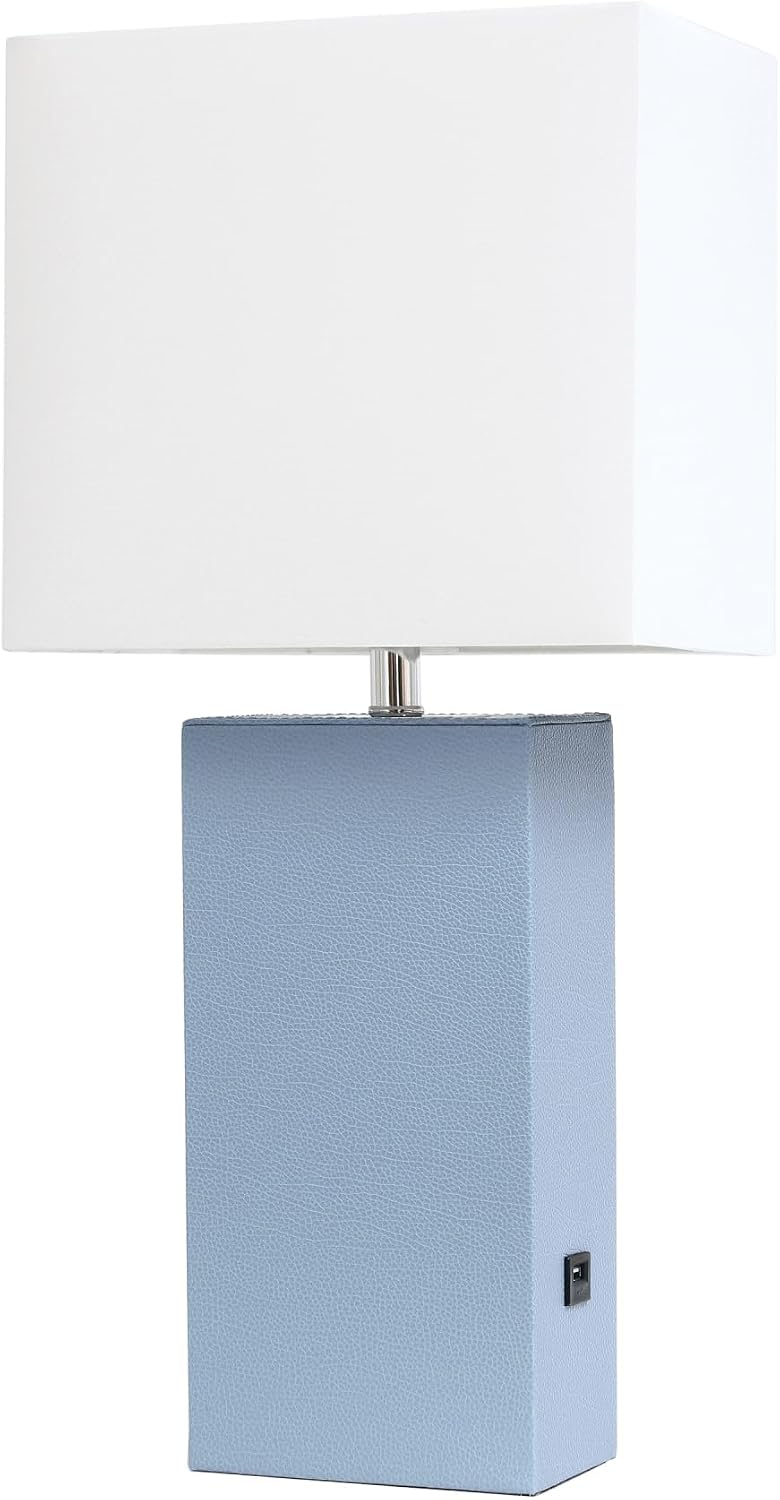 Periwinkle Leather Table Lamp with USB and White Fabric Shade