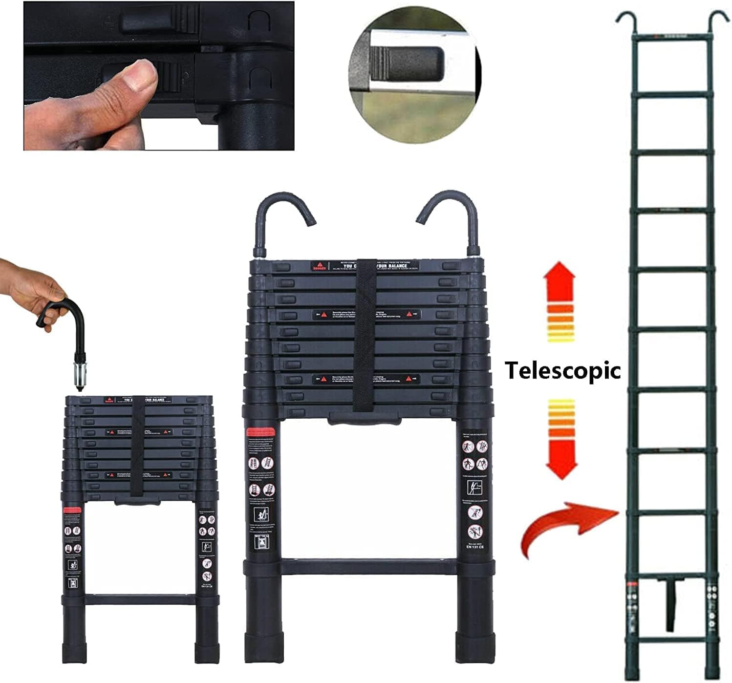 Teleskopleiter aus Aluminium, 3,5 m, Teleskopleiter mit 2 abnehmbaren Haken, 3,2 m Verlängerungsleiter, Mehrzweckleiter, schwarz, vollständig ausgezogen 320 cm, 150 kg Kapazität