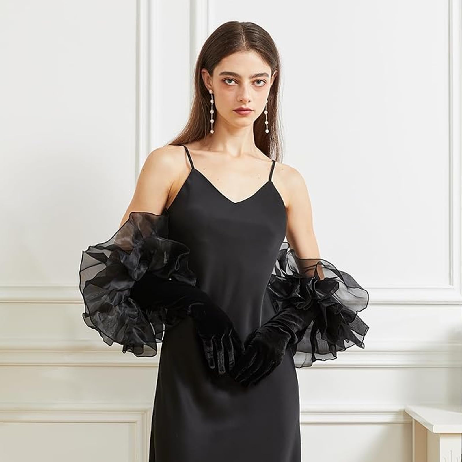 Women Long Velvet Gloves with Ruffled Tulle Mesh Cuff Bride Wedding Hands Wear Halloween Prom Fancy Dress Accessory Lady Vintage Elegant Evening Party Club Gloves - Image 3