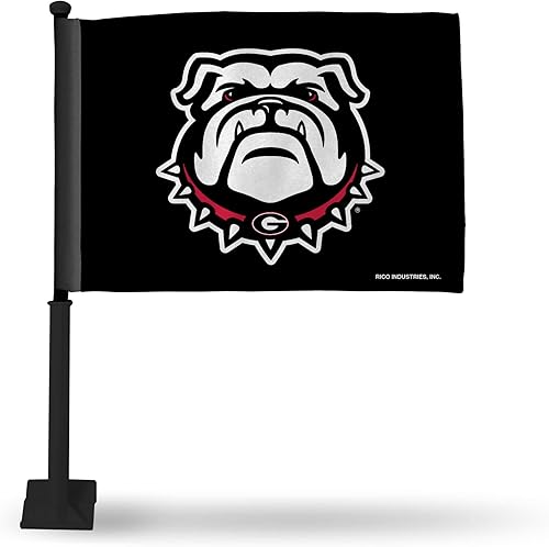 Rico Industries NCAA Georgia Bulldogs Bandera negra con bandera de coche W' Bull Dog con poste negro bandera de coche de doble cara 16 x 19