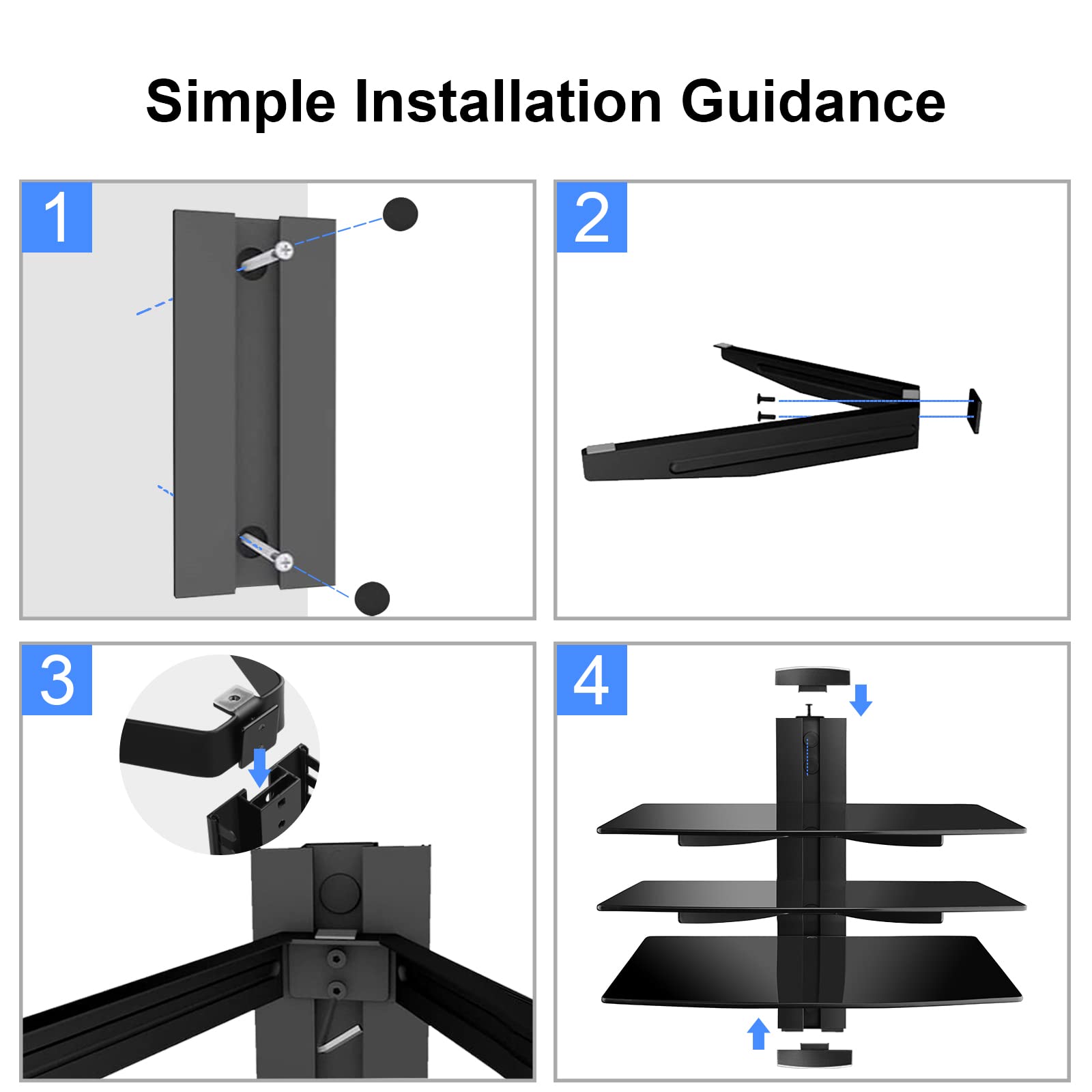 Suptek 3 Floating Regal Multimedia Wandregal TV Rack Wandhalterung Mit Verstärktem Gehärtetem Glasregal Für DVD-Player/Kabel-Boxen/Spielkonsolen/TV Zubehör Schwarz 1+2 Regale CS303