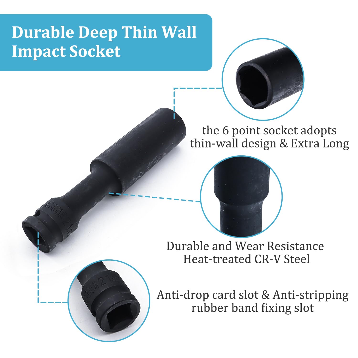 Juttzzei Deep Thin Wall Impact Socket, Extra Long 1/2 Inch Drive by 21mm Deep Impact Socket - Image 4