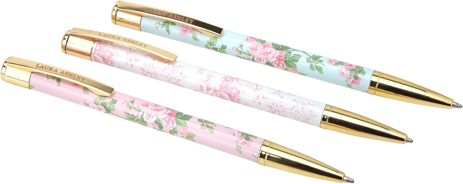 Laura Ashley Pen Set – Elegant Ballpoint Pens with Floral Design & Gold Accents, Set of 3 in Decorative Gift Box – Smooth Writing Pens for Office, School & Journaling, Pink Tolie