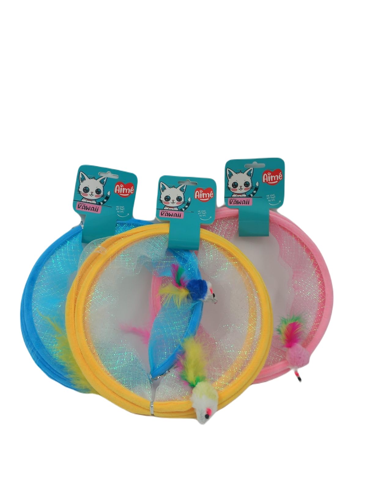Aimé Kawaii Spring Tunnel Toy – Apartment Cat Game – Stimulates Movement and Hearing – Spring Effect Cat Toy – End Baits – Length 25 cm – Random Colour: Yellow, Blue, Pink