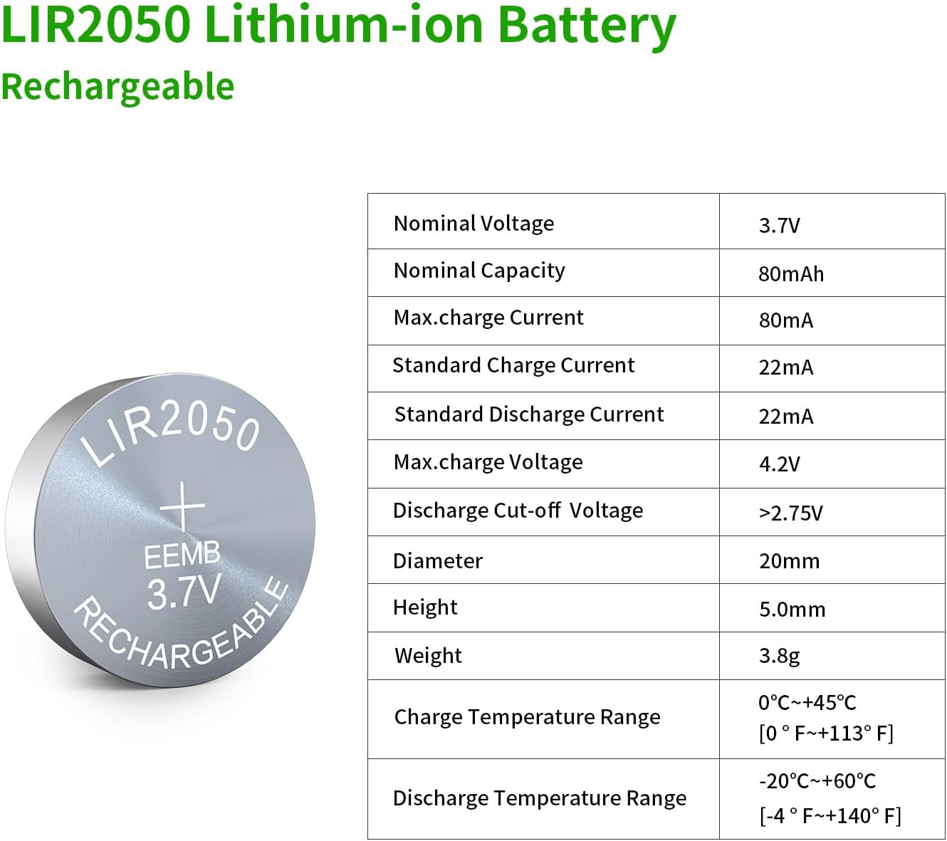 EEMB LIR2050 lithium-ion battery with detailed technical specifications table.