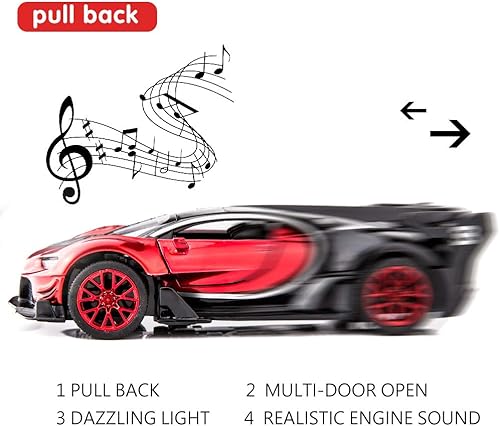 Miniatura 3 de BDTCTK Bugatti Vision GT Supercar 1/32 Aleación de zinc Die Casting Pull Back Modelo de coche de juguete Sonido y luz para regalo de niño niña (rojo)