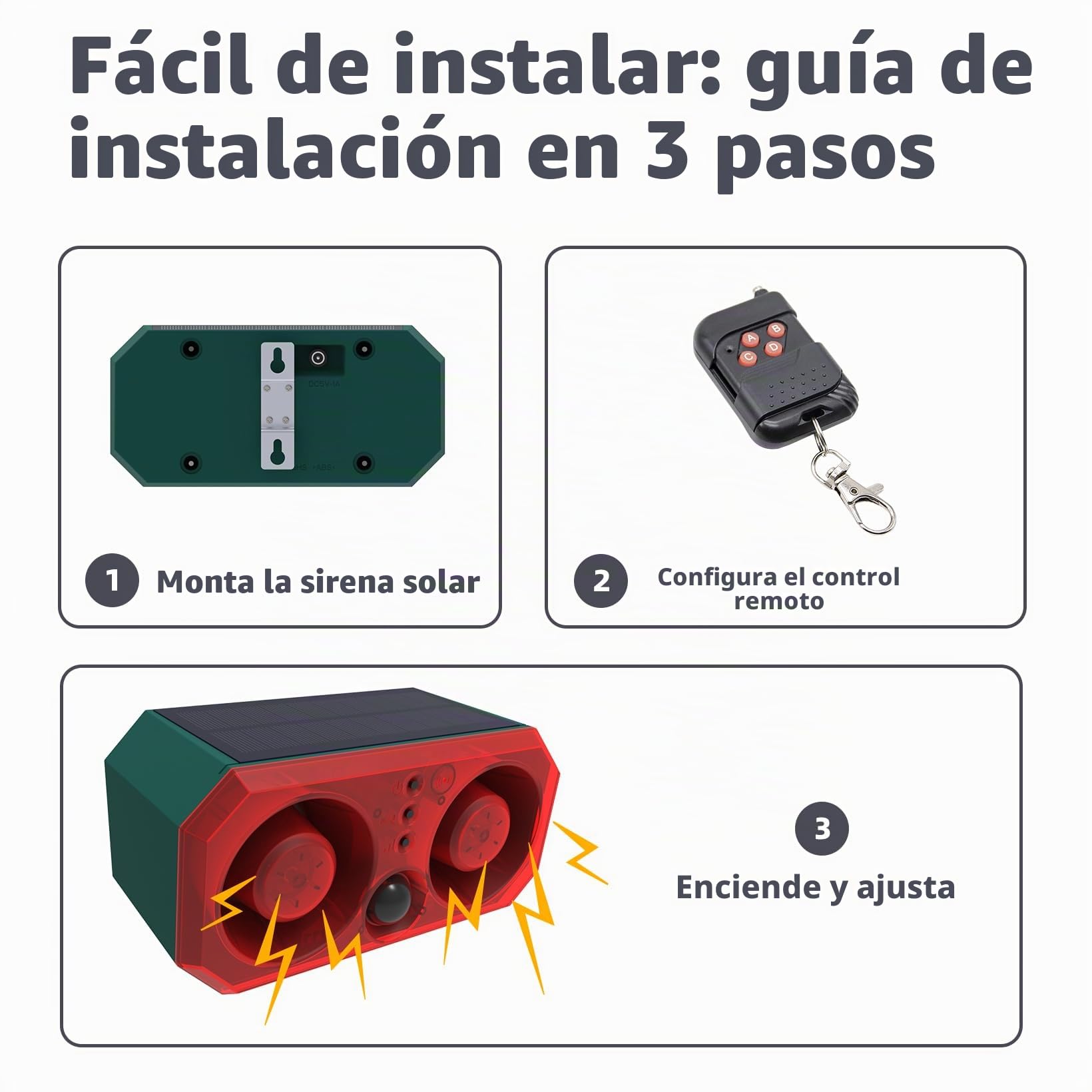 Alarma Solar con Sensor de Movimiento al Aire Libre: disuasorio de Coyotes de 130 dB, Sonido de bocinas duales, luz de Movimiento y Control Remoto, disuasorio de Animales para Patio, Granja