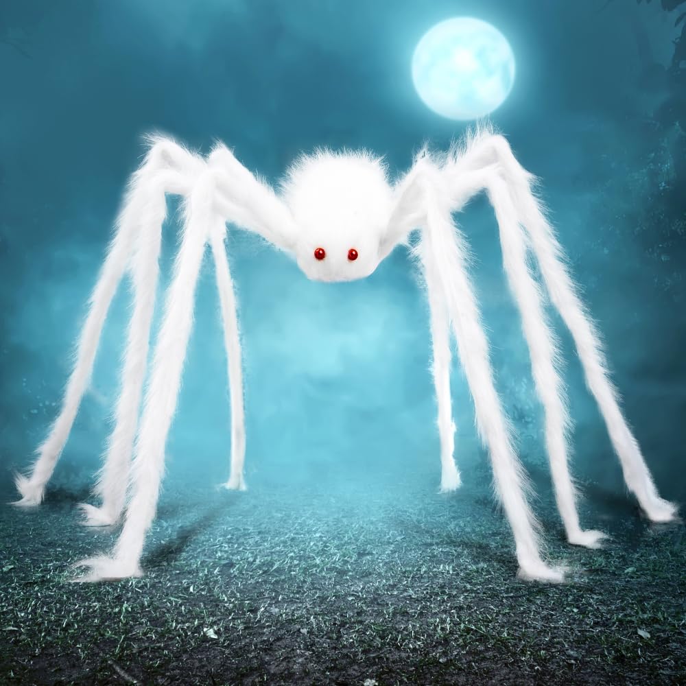 JOYIN 5 Ft Halloween White Giant Spider Outdoor Decorations, Large Hairy Scary Fake Big Realistic Props for Yard Party Lawn Garden Indoor Decor and Haunted House