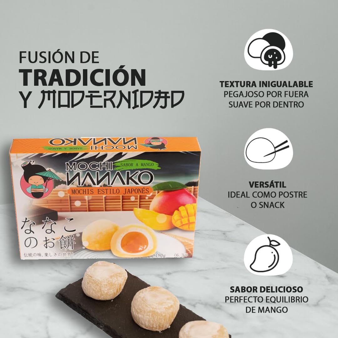 JAPON MARKET Mochi Japonés Sabor Mango Nanako 180g - Dulces Japoneses, Postre Exótico - Chuches Japonesas - Mochis - Snacks Japoneses con Mango - Comida Asiática Dulce - Caja de Chuches Japonesas