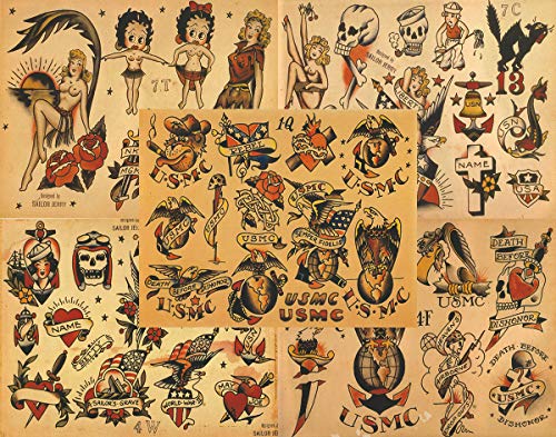 Sailor Jerry Traditional Vintage Style Tattoo Flash 5 Sheets 11x14"