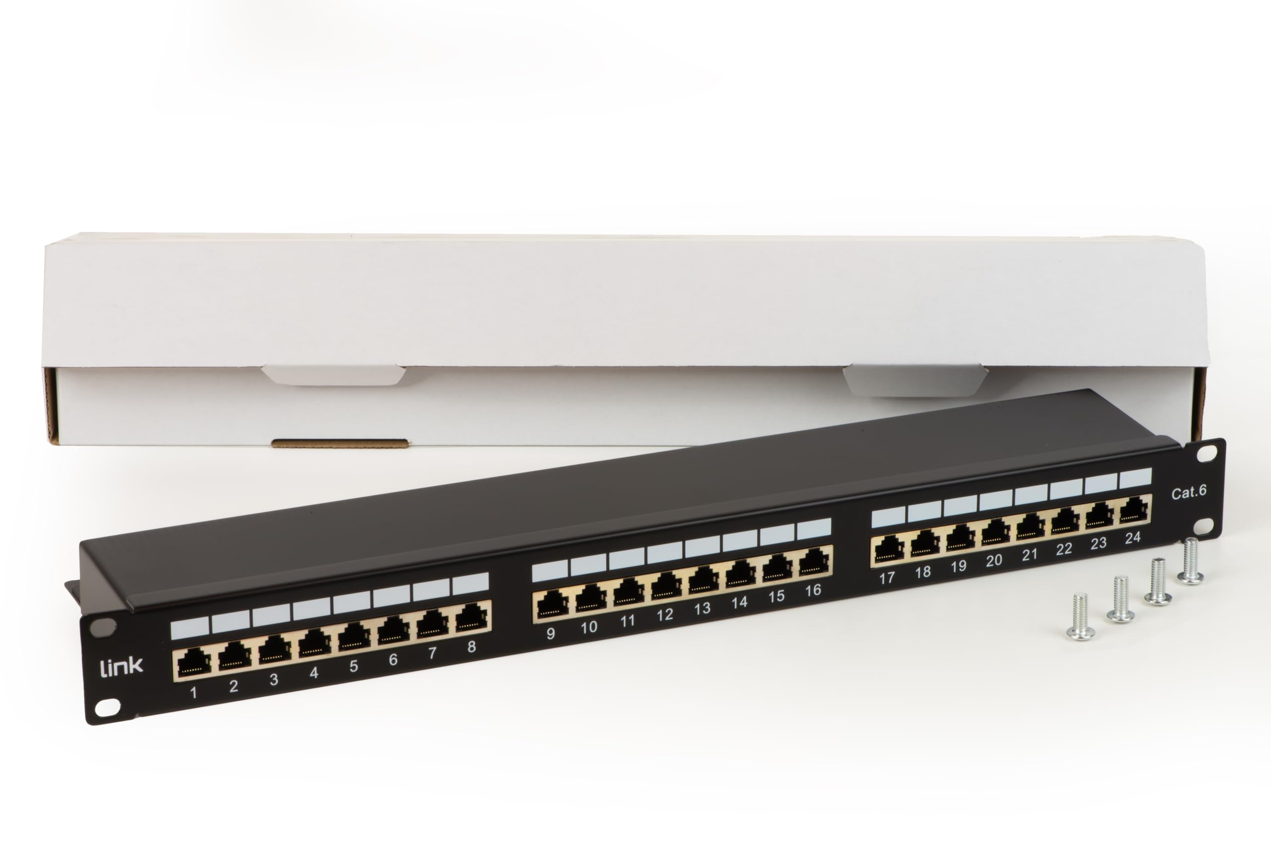 Pannello patch per reti con 24 porte RJ45 cat 6 schermato 19" colore nero