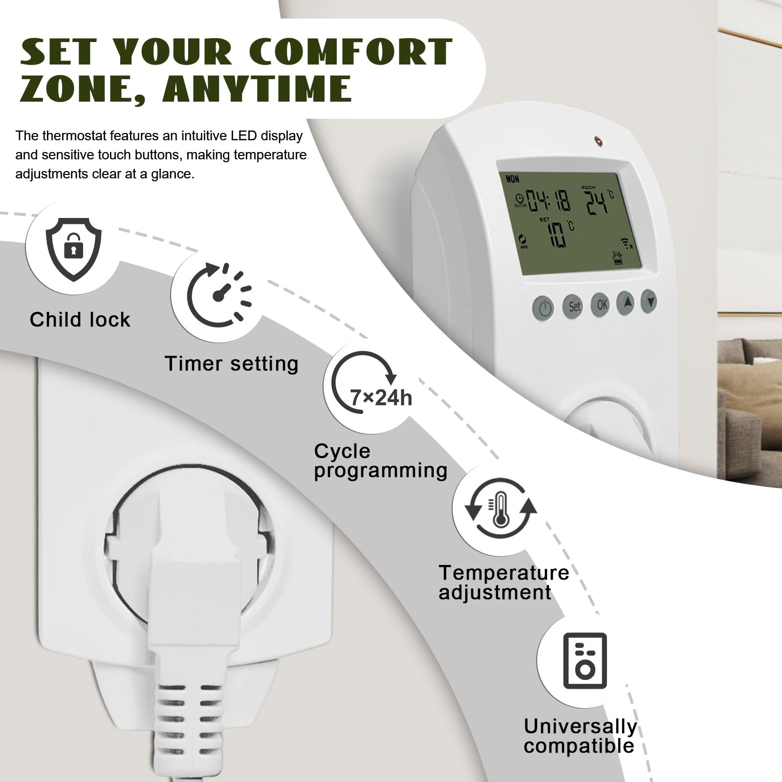 Riscaldamento a infrarossi da 1000 W con termostato, riscaldamento a infrarossi da parete, fino a 120 °C in 1-3 min, per 10-25 ㎡, silenzioso, testato TÜV, protezione V0 e protezione contro il