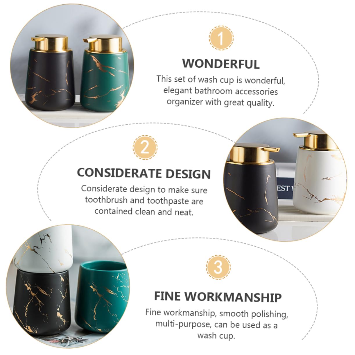 Juego de Accesorios de Baño de Cerámica Negro, 1 Set Dos Vasos | Portacepillos y Jabonera Incluidos, Botella para Loción, Acabado Liso y Portátil, Estilo Clásico Elegante