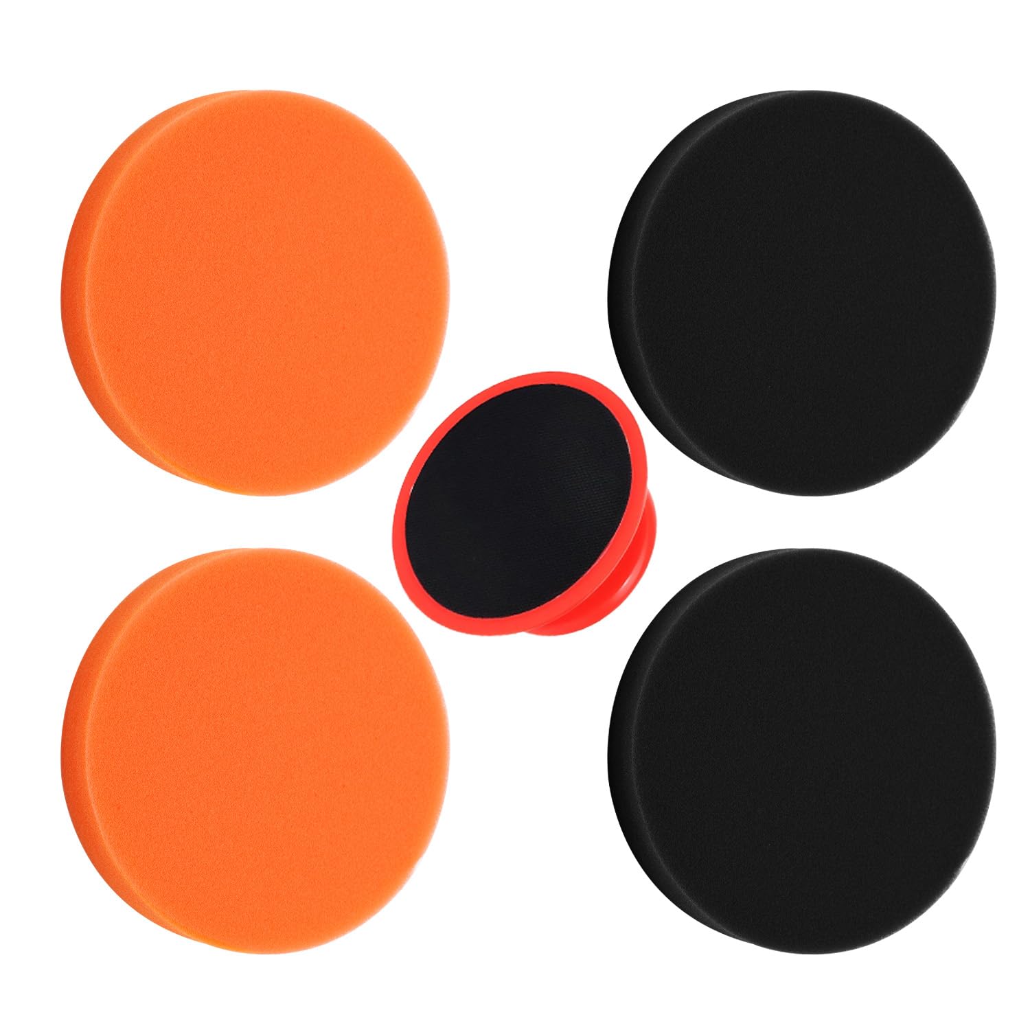 MORLARCO ポリッシャー バフ スポンジ 100mm 極細～超微粒子用 細目 中目 ポリッシャー 車磨き用 5個セット マジックテープ式 仕上げ 洗車 ワックス 取付け簡単 高耐久 水洗い可(オレンジ・ブラック×各2枚・ハンドル×1個)