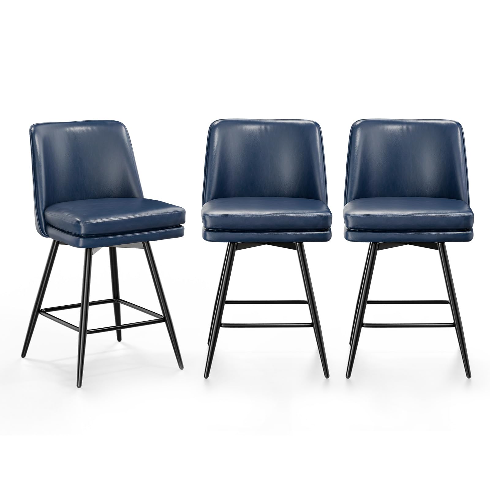 VINGLI 26" H Swivel Barstools Set of 3, PU Faux Leather Upholstered Counter Height Bar Stool with Back, Kitchen High Chairs with Cushion Square Seat, Metal Legs, Dark Blue