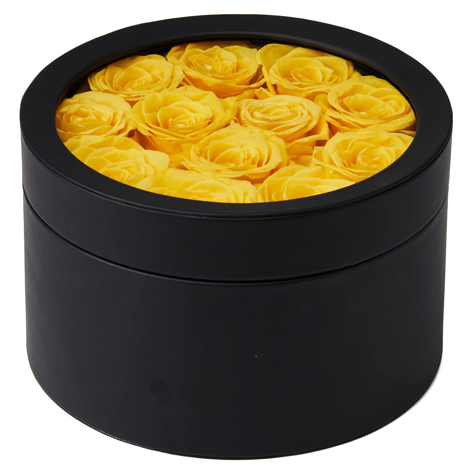 Beaulasting Roses Eternal Roses in a Box Rose That Last a Year 12 Preserved Roses (Round Black PU Box, Yellow Roses) - Yellow 12 Roses
