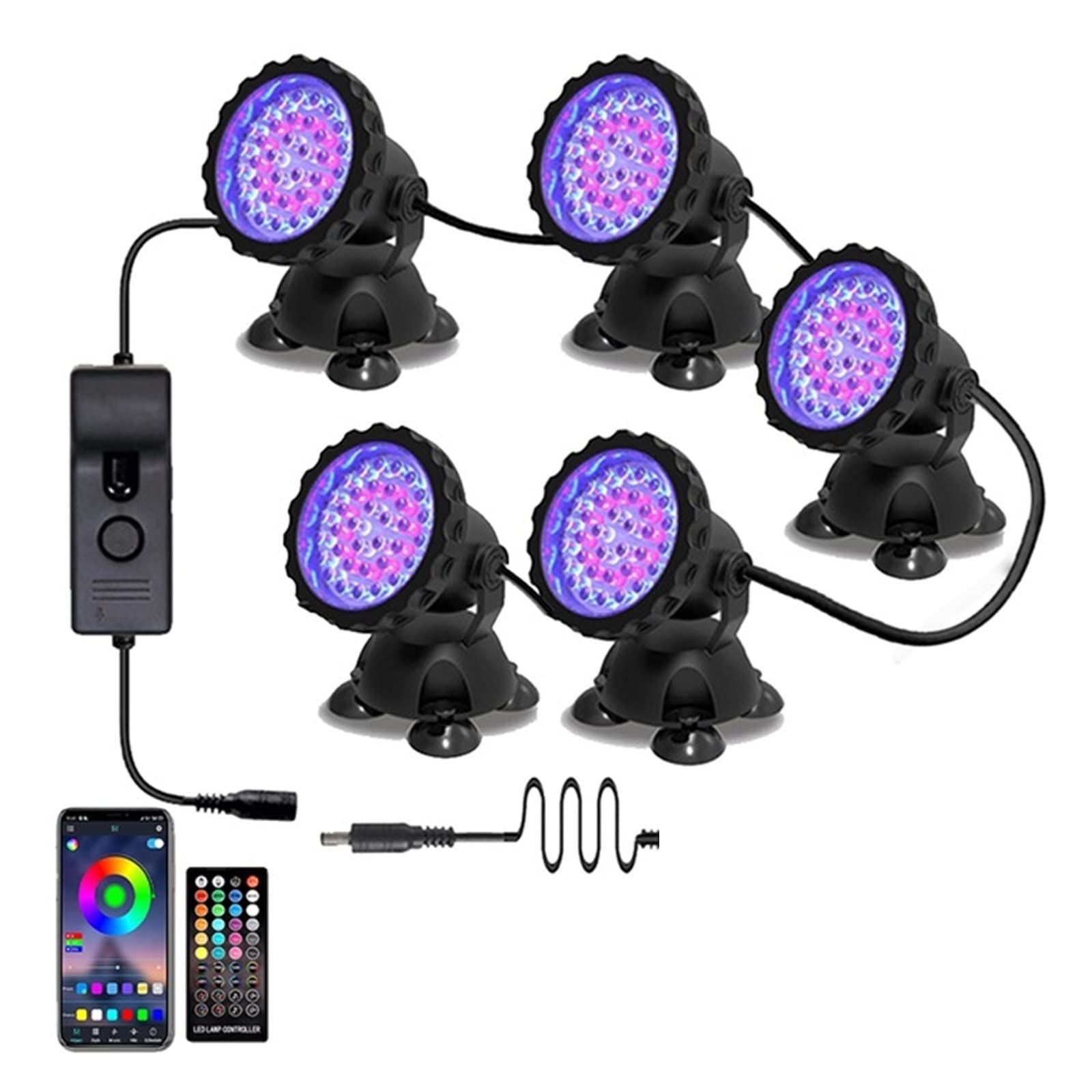 Reflektor basenowy RGB Sterowanie Bluetooth Lampa podwodna Nurkowanie Staw Spotlight 36LED Wodoodporna lampa krajobrazowa do basenu ogrodowego Niskie ZużYcie Energii(5Lamp 1Controller)