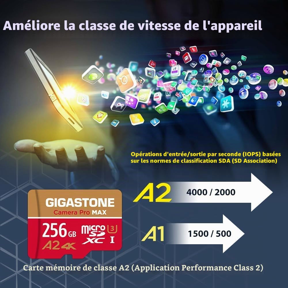 [5 Ans Récupération de données Gratuite] GIGASTONE Carte Mémoire MicroSDXC 256 Go avec USB 3.2 Type C Lecteur de Carte, Camera Pro Max, Vitesse jusqu'à 170/140 Mo/s, pour GoPro, DJI, Drone, 4K A2 V30