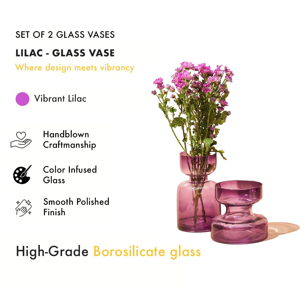Glasvase in Lilaton – Dekorative Blumenvase aus Glas, kunstvoll handgefertigt, modern & elegant – Für Wohnzimmer, Esstisch & Regaldeko, 2er Set: 13,9cm x 12,7 cm und 20,3cm x 10,1 cm