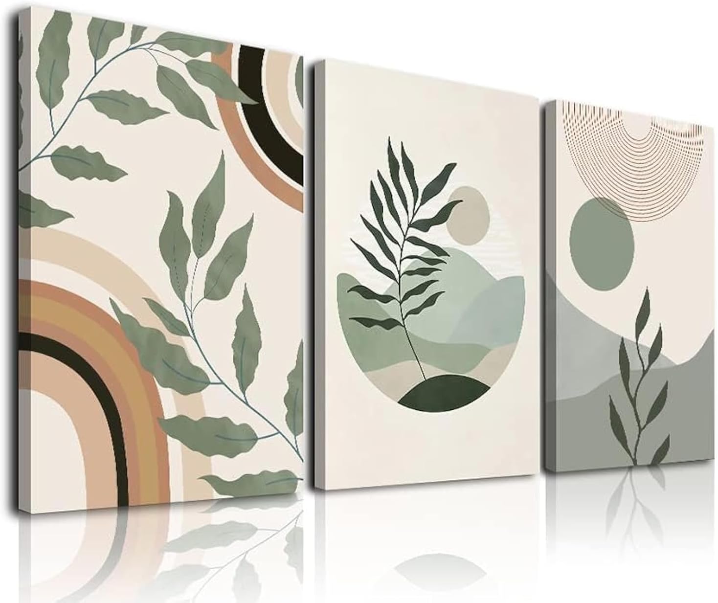 Sage Green Boho Wall Art Set of 3, Boho Room Decor, Mid-Century Modern Wall Art Prints, Framed Neutral Geometric Canvas Prints Green Wall Art Sun Rainbow Leaf Mountain Minimalist Artwork 12" X 16" for