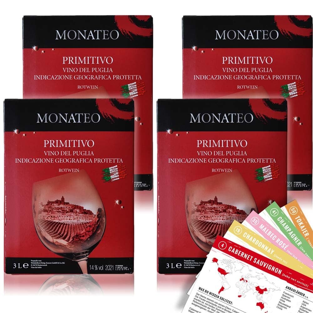 Monateo Primitivo Puglia, trocken, Bag-in-Box, sortenreines Weinpaket + VINOX Winecards (4x3,0l)
