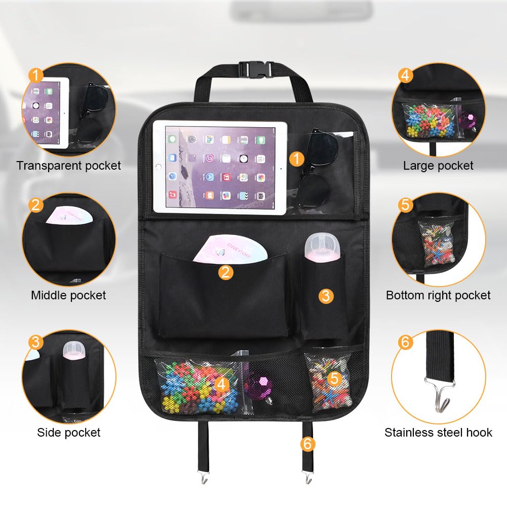 URAQT Organizer per Sedile Posteriore Auto, 1 Proteggi Sedile Auto Bambini Posteriore con Vassoio da Tavolo Pieghevole per tablet bambin, con 6 Tasche e Tavolino Pieghevole, Impermeabile(nero)