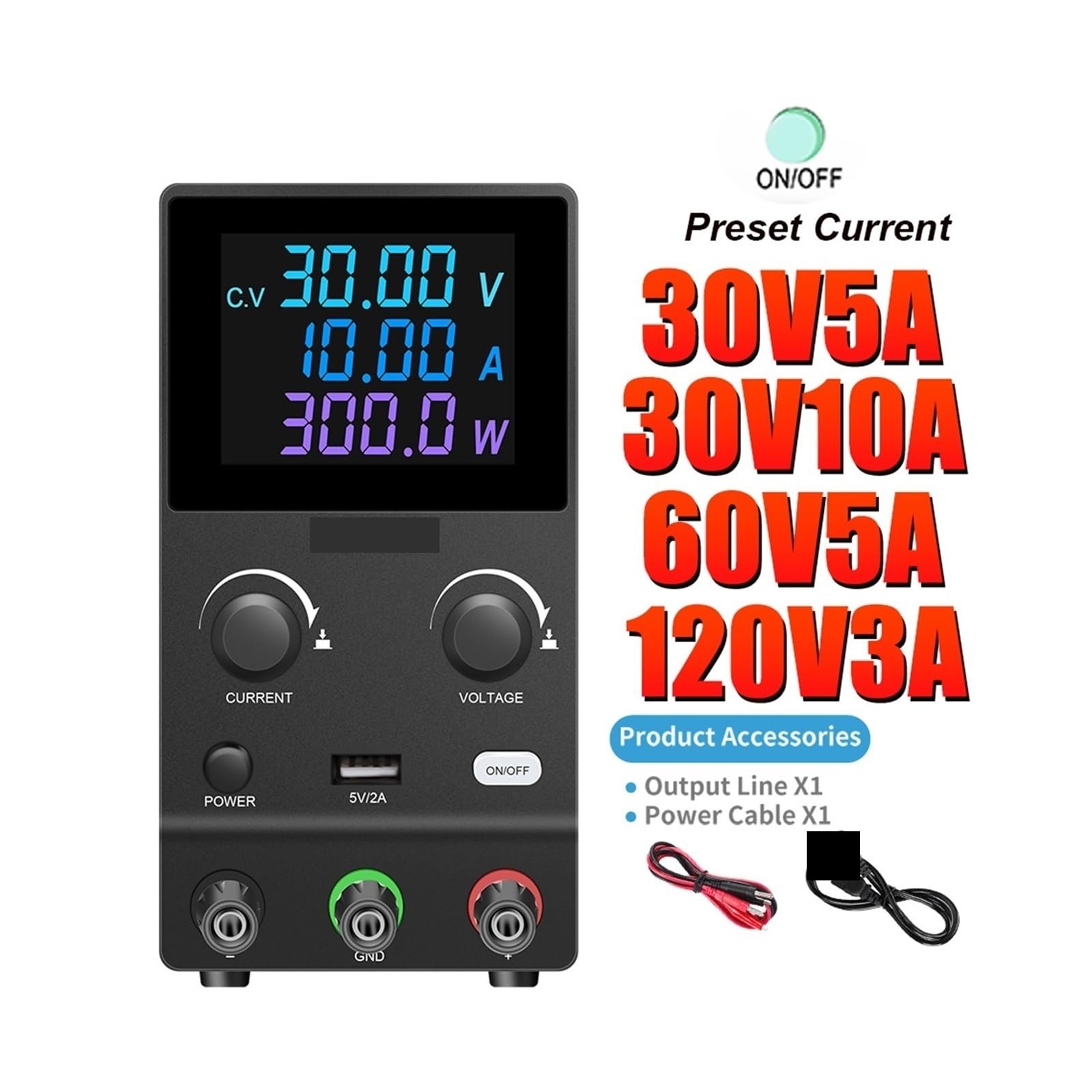 Zasilacz prądu stałego, Kolorowy Ekran 30V 10A Regulowany Zasilacz Laboratoryjny Z Przełącznikiem Wyjściowym/enkoderem Twist/USB, 5A, 6V 12V 24V 60V 120V 3A(SPPS-B305D 30V5A)