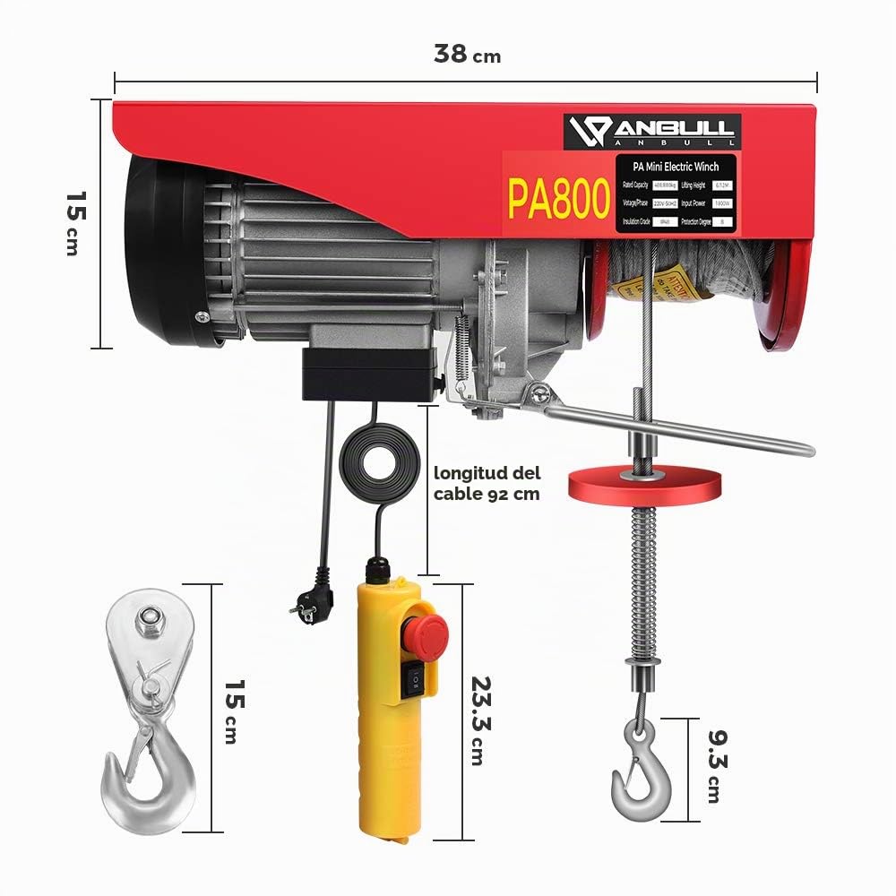 Anbull Cabrestante eléctrico PA800, Polipasto Eléctrico, de 400 kg hasta 800 kg, 220 V/1450 W, mando a distancia de 12 m