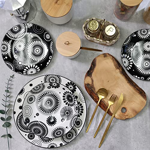 12 Pieces Dinnerware Set, Stoneware, Plates And Bowls Sets, Service For 4, Porcelain, Decorated Mod Dot Black, Microwave Dishwasher Safe, Chip Resistant, For Everyday Casual Kitchen And Formal Dinner #TOP3