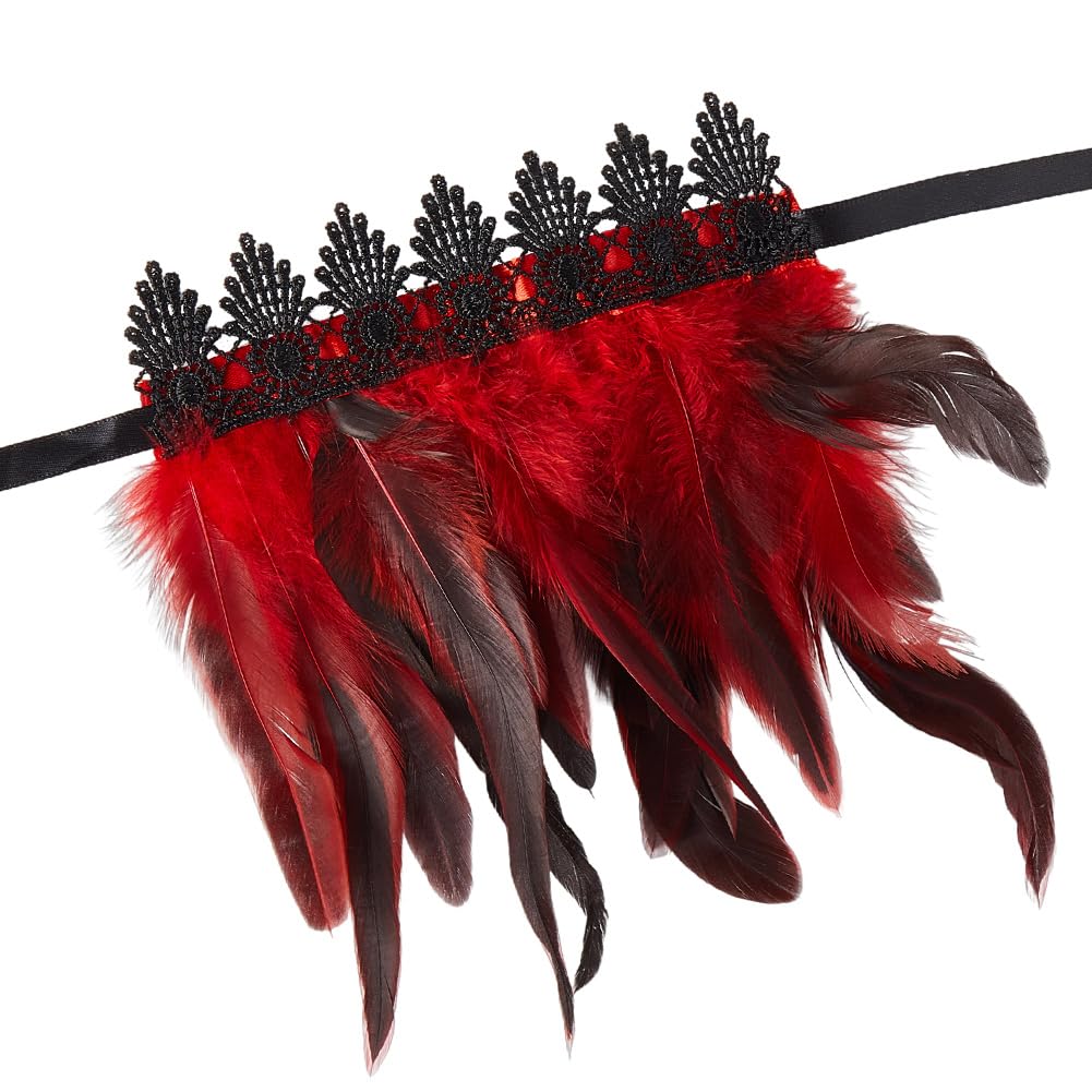 CABODYALS 1 Pair Red Feather Wrist Cuffs Novelty Lace Gloves Floral Angel Wings Bracelets Gothic Mesh Wristband Swan Witch Arm Sleeve for Women Cosplay Halloween Party Performances Costume Accessories