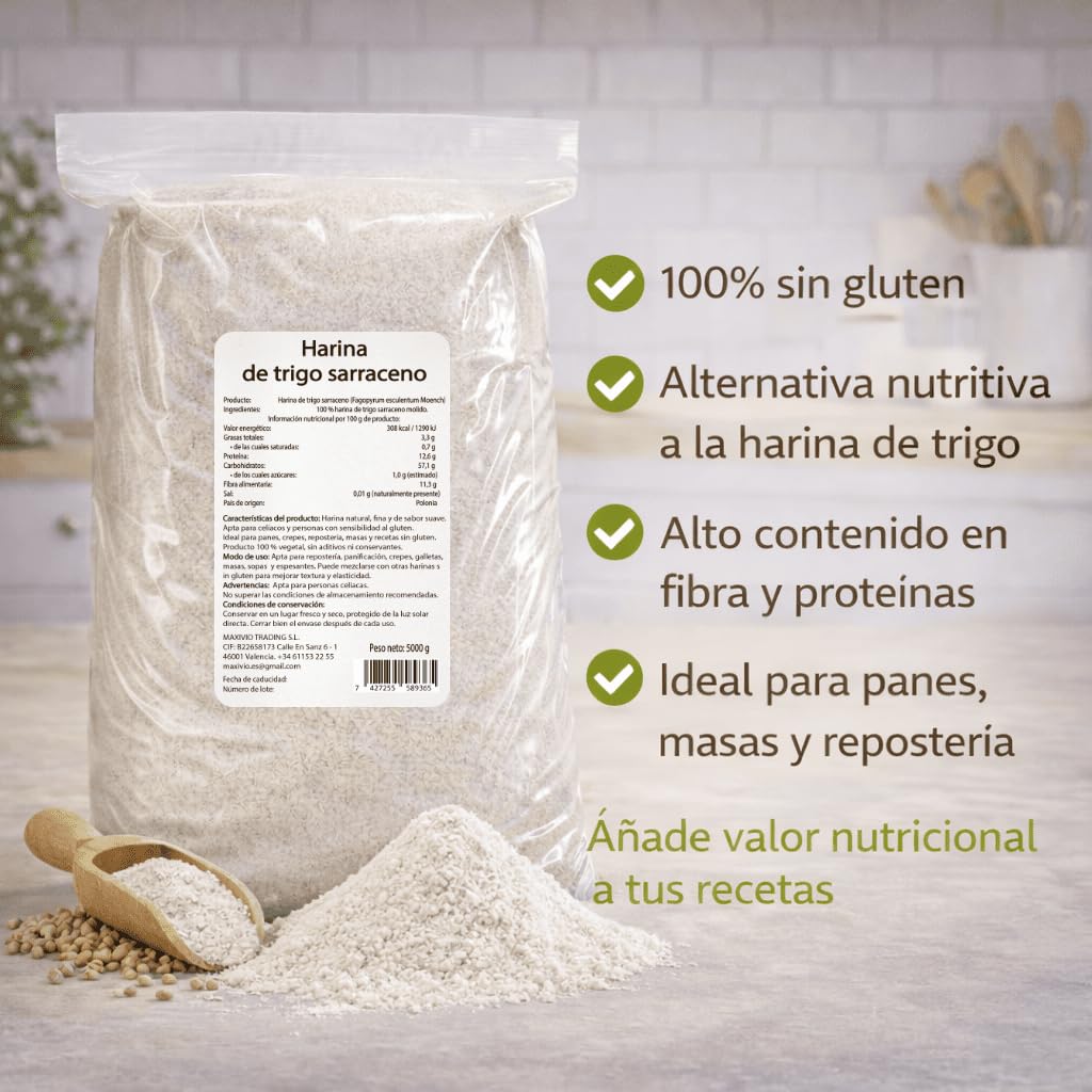 Harina de Trigo Sarraceno 5 kg Sin Gluten - 100% Pura - Ideal para Repostería y Panadería - MaxiVio