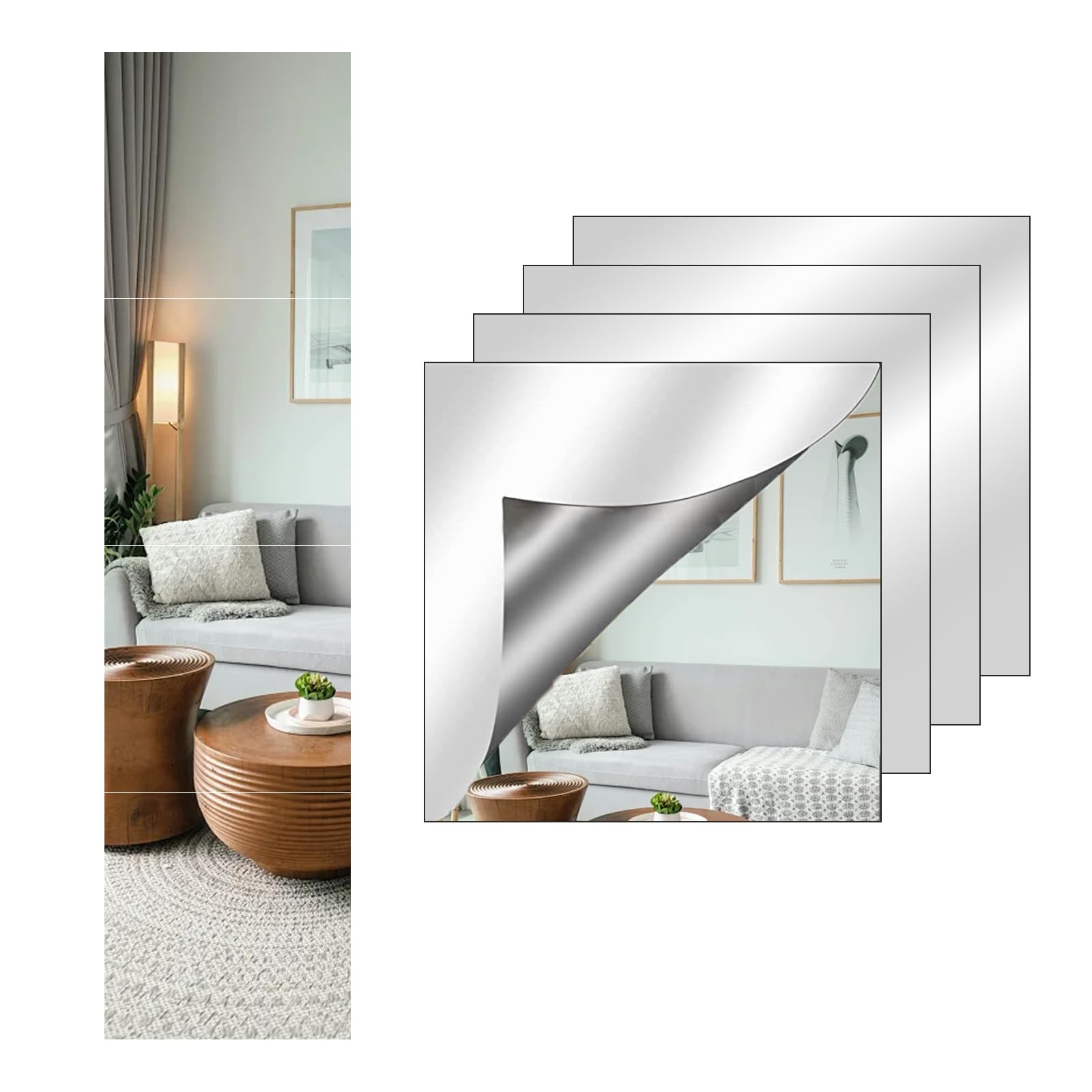 4 pezzi specchio adesivo acrilico 30x30 cm con spessore 2 mm, piastrelle decorative autoadesive per pareti - Soluzione ideale per bagno, soggiorno e decorazioni murali