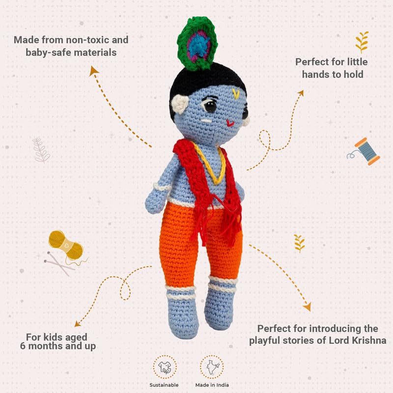 Image of LITTLE GINNIE Lord Krishna Crochet Soft Doll for Babies -Blue | Handmade Crochet Soft Toy for Kids Girls | Ideal for Birthday & Return Gift for 6+ Months