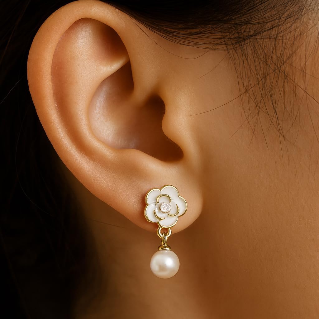 Pearl Clip On Earrings for Women,Sterling Silver White Camellia Floral Dangle Drop Earring Clips for Non-pierced Ears - Image 2