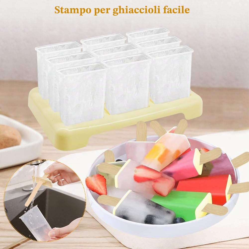 Stampi Per Ghiaccioli, Formine Ghiaccioli, 9 pezzi Stampo Ghiaccioli con Spazzola, Stampi per gelato creativi fatti in casa riutilizzabili, facili da sganciare, Beige