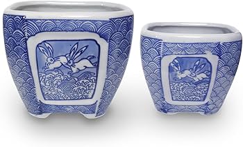 大型　陶器鉢　数連鉢　和風　うさぎ柄　アンティーク Amazon.co.jp: 植木鉢 陶器 おしゃれ 和風 室内 皿付き 正方角切鉢 2点