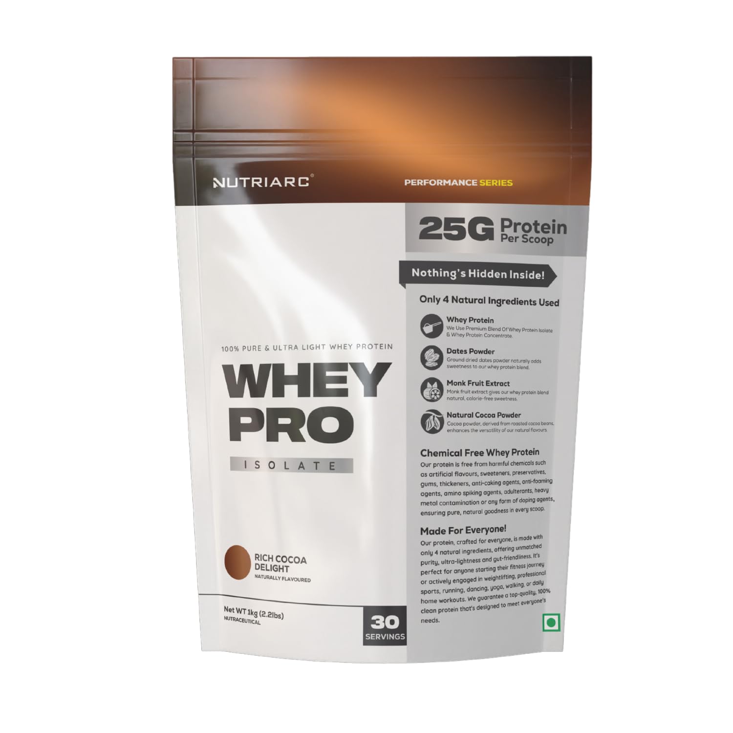 Nutriarc Whey Protein Isolate | India’s 1st Chemical-Free Whey Protein | Rich Cocoa Delight, 1kg | 25g Protein | 100% Natural Ingredients | No Artificial Flavour & Sweetner | No Additives | Vegetarian