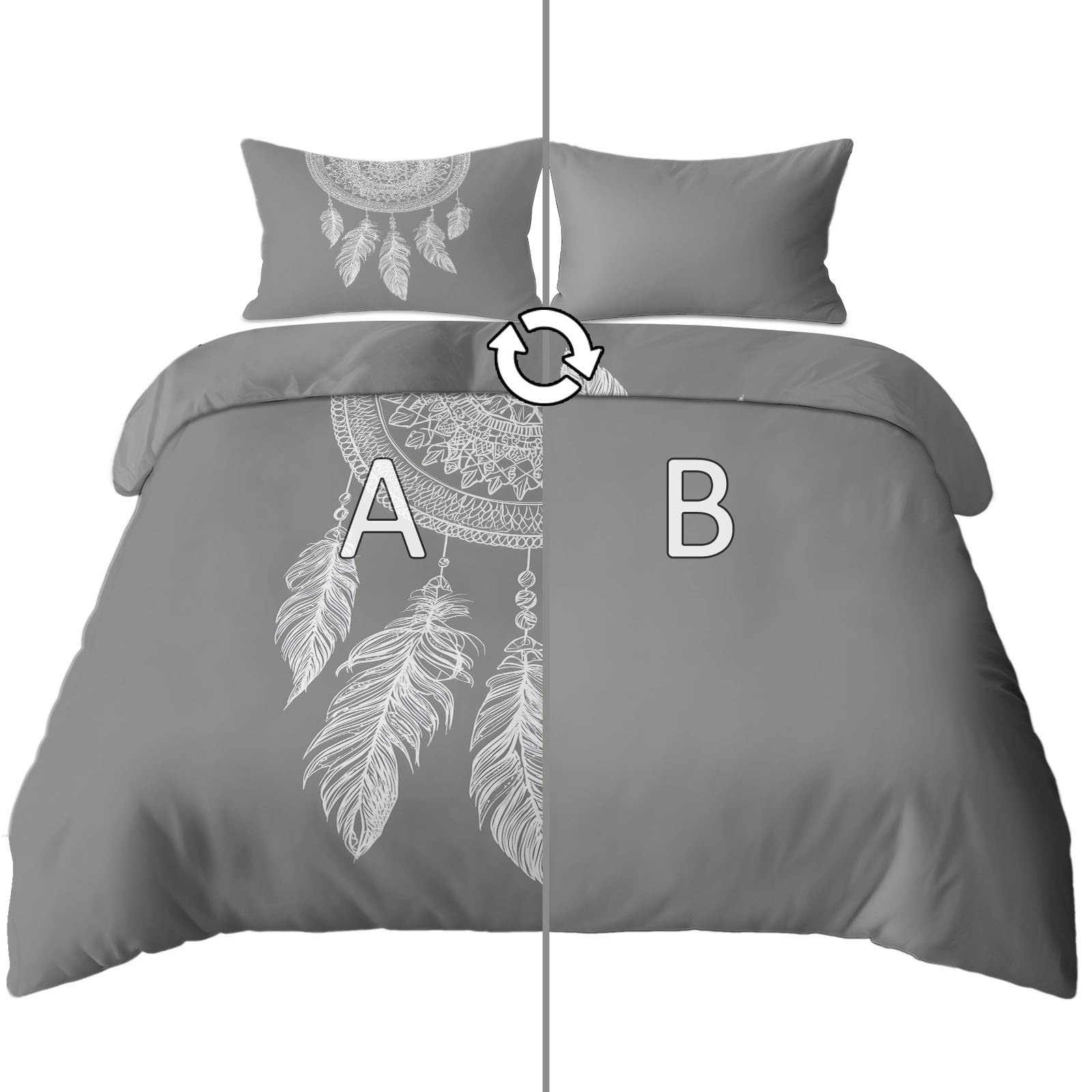 Generisch Romantischer Boho 3-teiliges Bettwäsche-Set, Grau 1 Bettbezug 180 x 200 cm und 2 Kissenbezüge 80 x 80 cm, Spitze Feder TraumfängerWeiche Mikrofaser, Reißverschluss, Ganzjahres