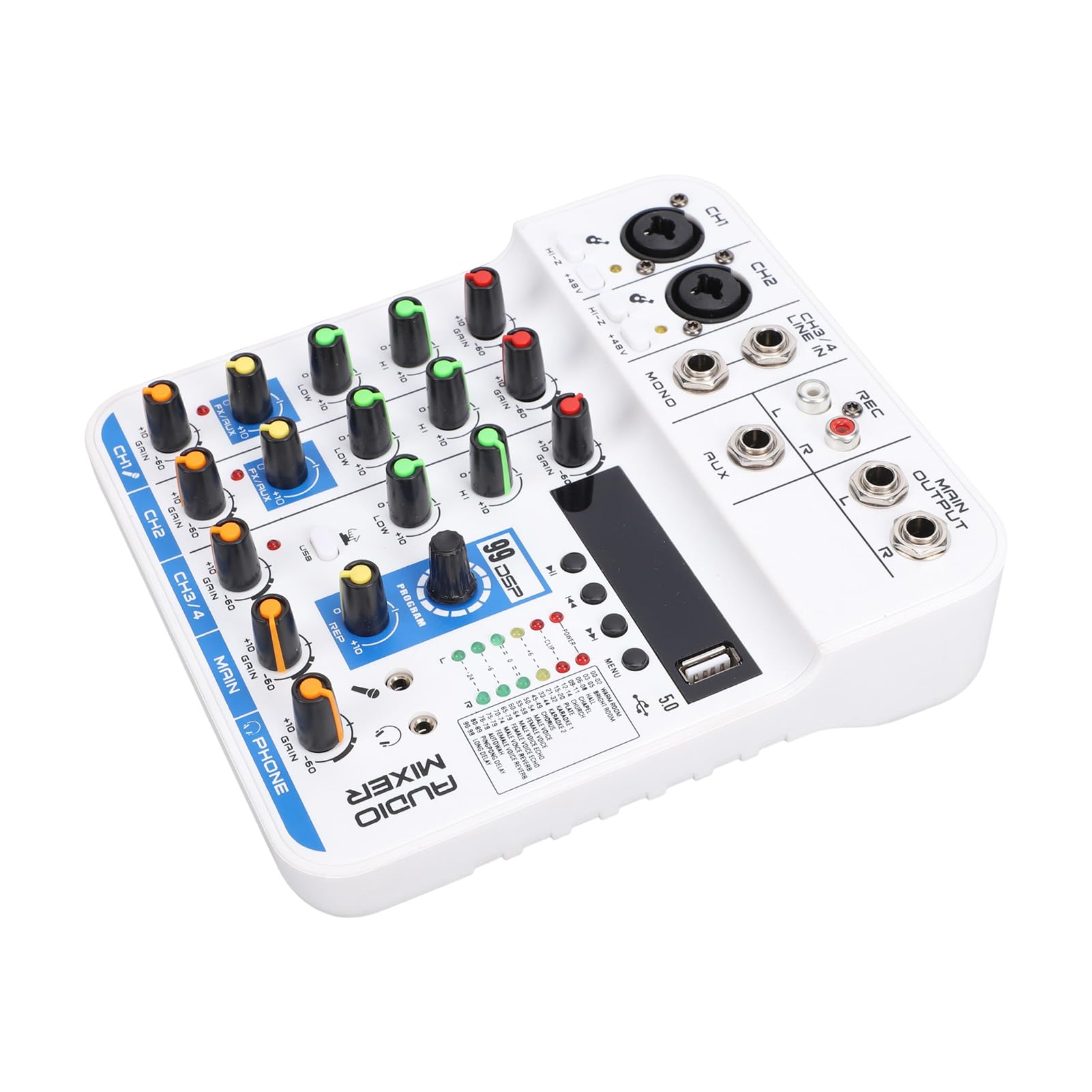 Mixer Audio a 4 Bluetooth DSP Digital Reverb Scheda Audio Mixer DJ con Ingresso USB MP3 XLR 6,35 Mm 3,5 Mm, Alimentazione Phantom 48 V per Streaming Live, Registrazione Karaoke e PC (WHITE)