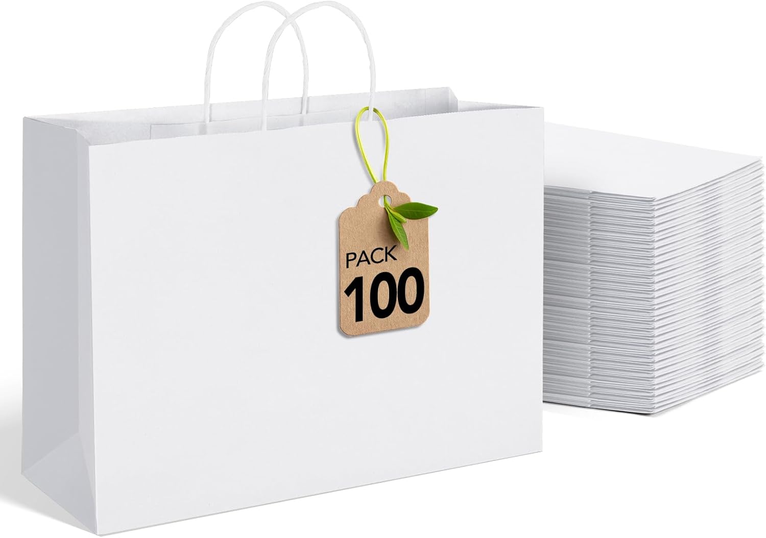 MESHA White Large Paper Bags 16x6x12 Inch 100 Pack Kraft Shopping Gift Bags with Handles Bulk for Small Business, Party, Recycled White 16x6x12 Inch (Pack of 100)