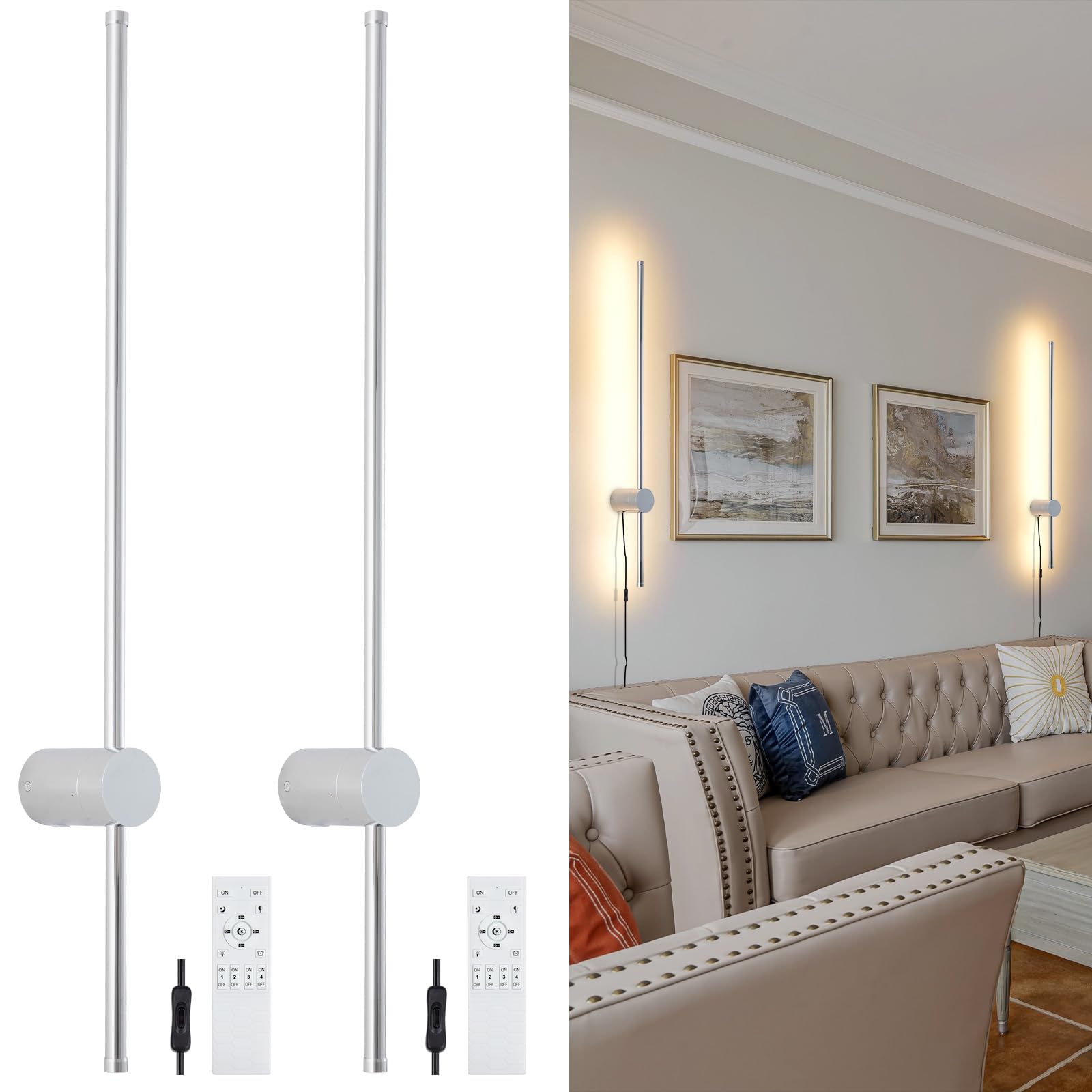 Photo 1 of KELUOLY Modern Chrome Plug in Wall Sconce with Remote, Dimmable 31.5" LED Wall Sconces Set of Two with Memory Function, Adjustable Color Temperature Brightness, Timer, 350° Rotate, Hardwire or Plug-in