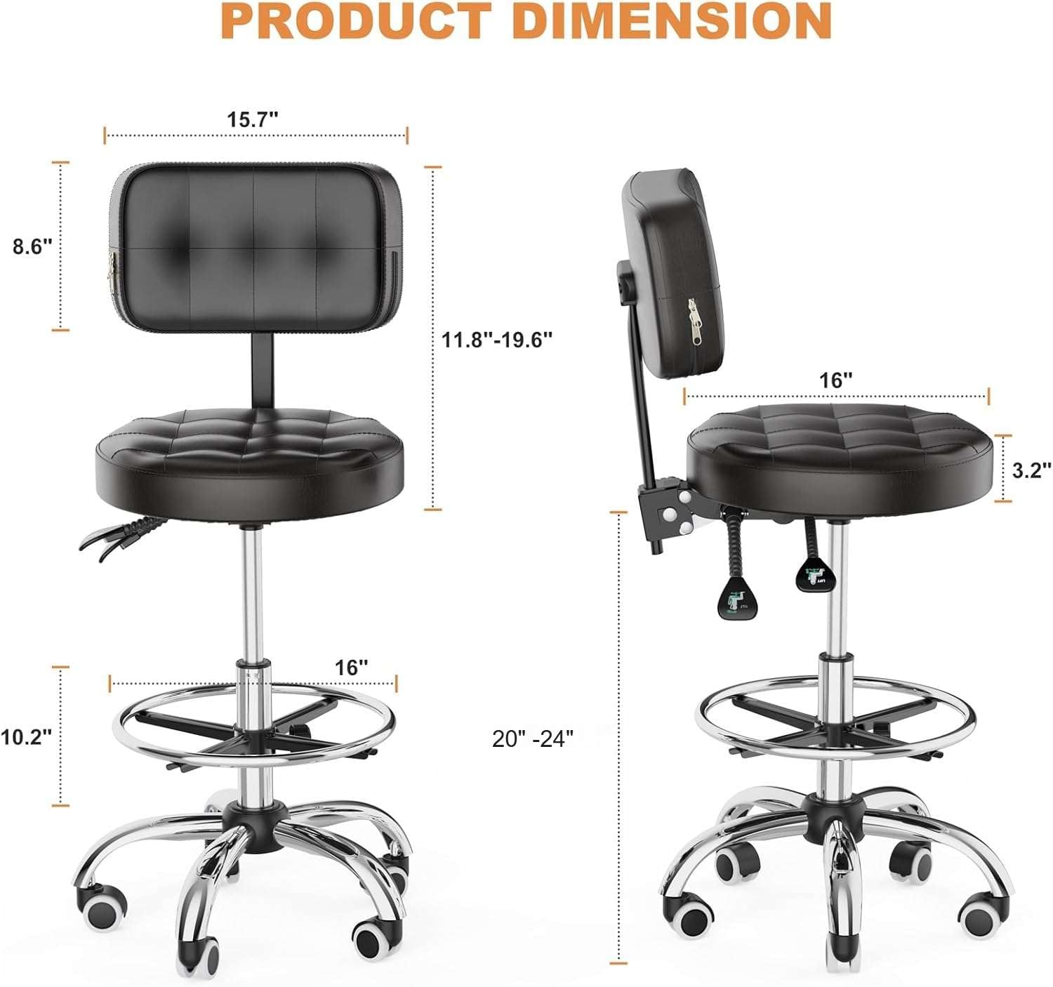 Taburete rodante, taburetes rodantes con ruedas, reposapiés, respaldo de altura ajustable, capacidad de peso de 400 libras, silla giratoria para sala de belleza, spa, tatuaje, oficina, silla 7