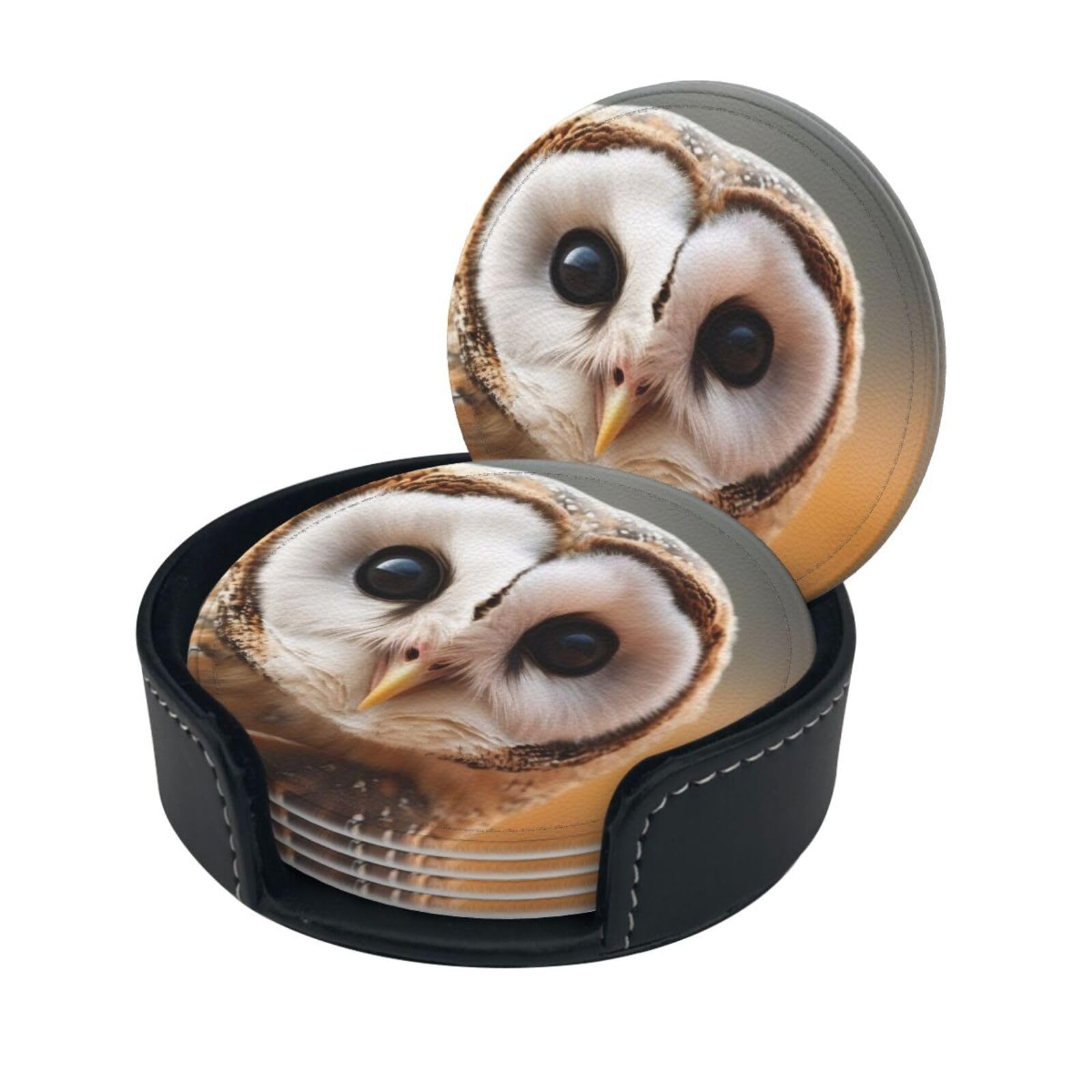 Stylish Coasters - Funny Owl Set of 6 Round Leather Drink Coasters with Holder - Perfect Size for Cups and Glasses