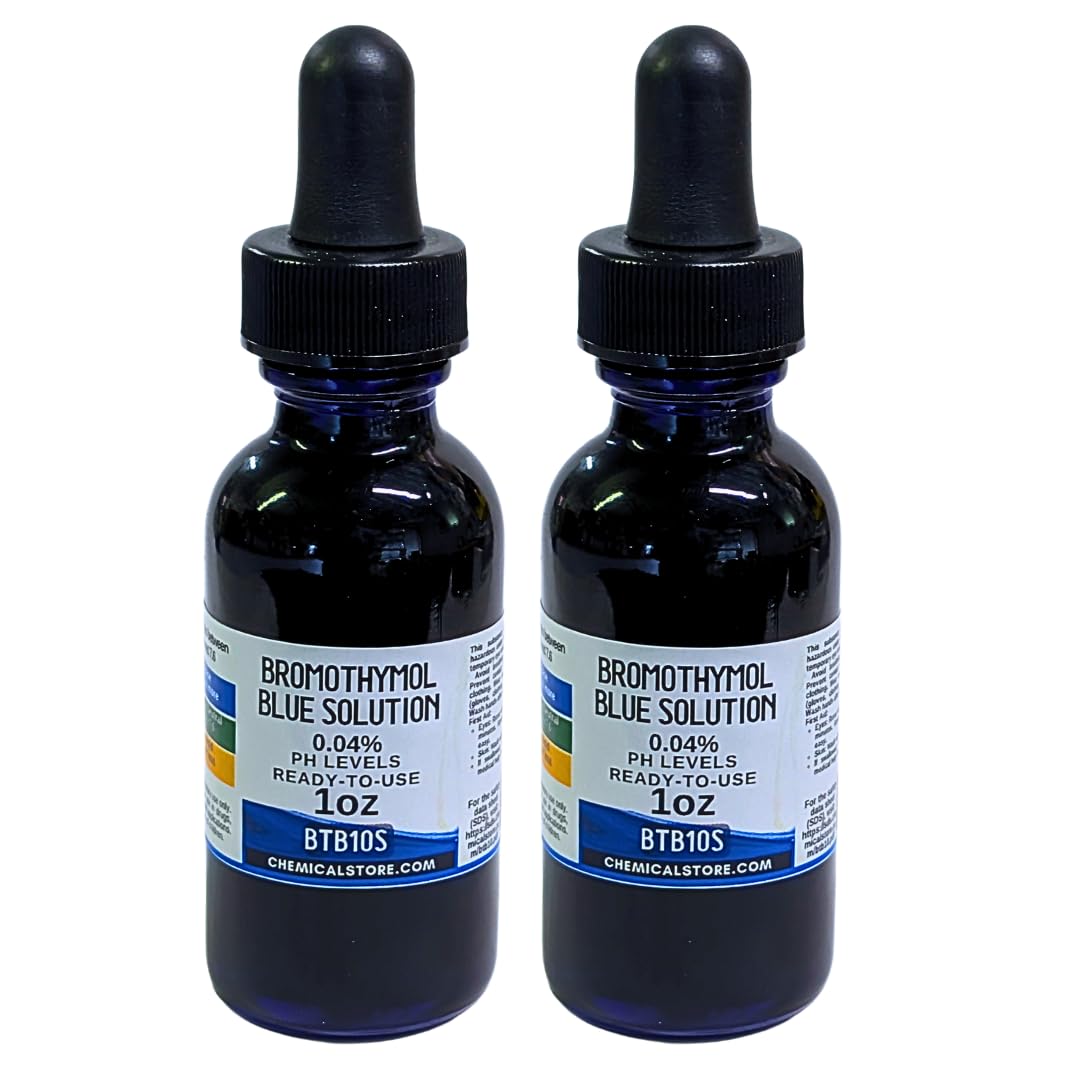 CHEMICALSTORE.COM Bromothymol Blue 0.04% w/v Aqueous Solution – (1oz Pack of 2) ~ 60ml Indicator in Blue Glass Bottle with Dropper