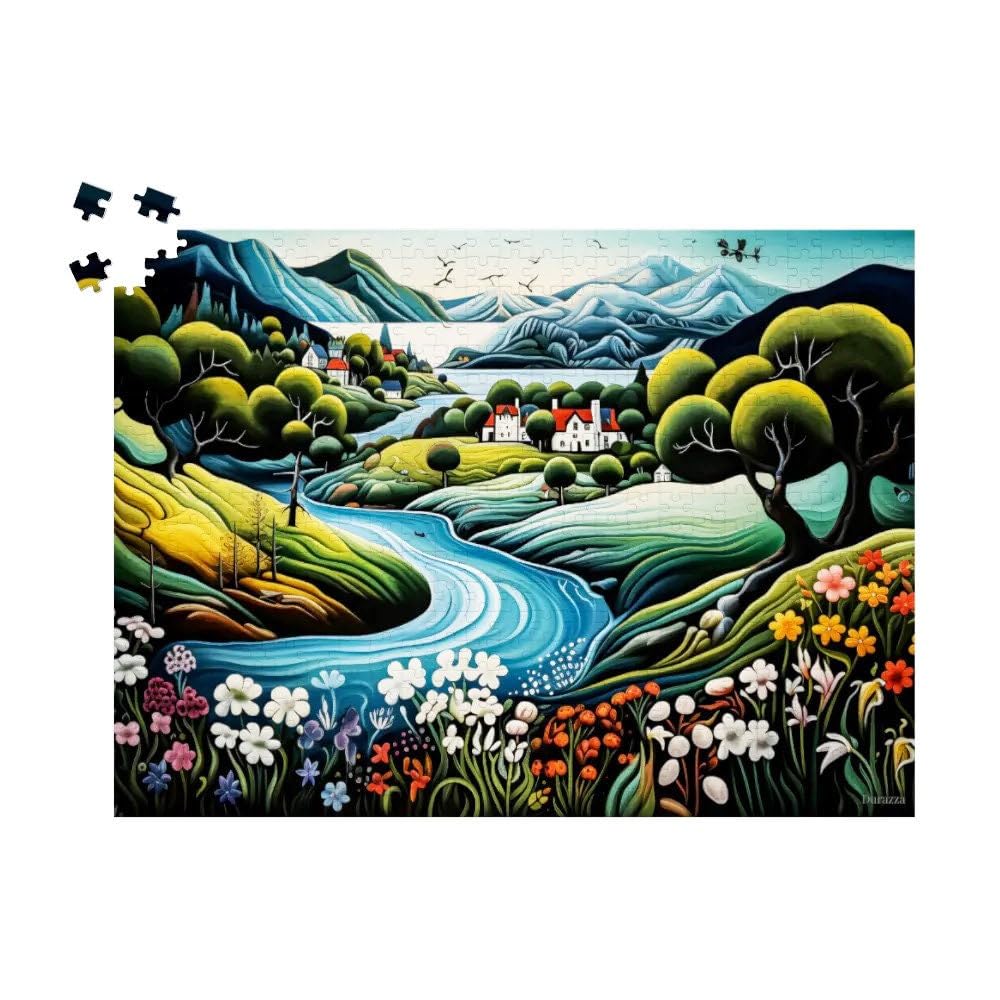 1000-Piece Scandinavian Fjord Jigsaw Puzzle - Riverfront Village Landscape Art, Gift for Puzzle Lovers