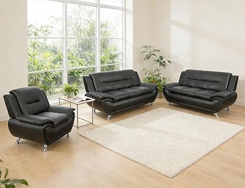 Miniatura 16 de Sofás Seccionales de Cuero, Conjuntos de Muebles de Sala de Estar, 3 Piezas Conjunto de Sofá Moderno para Sala de Crema