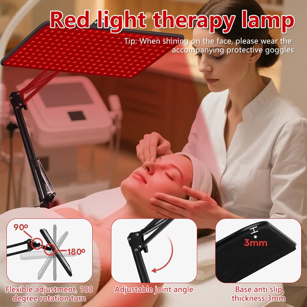 Lampa na podczerwień do ciała i twarzy, z 200 diodami LED, 5 stopni jasności i trzema długościami fal (660/850/940 nm), Duży panel z regulowanym stojakiem i goglami ochronnymi (200 LED)